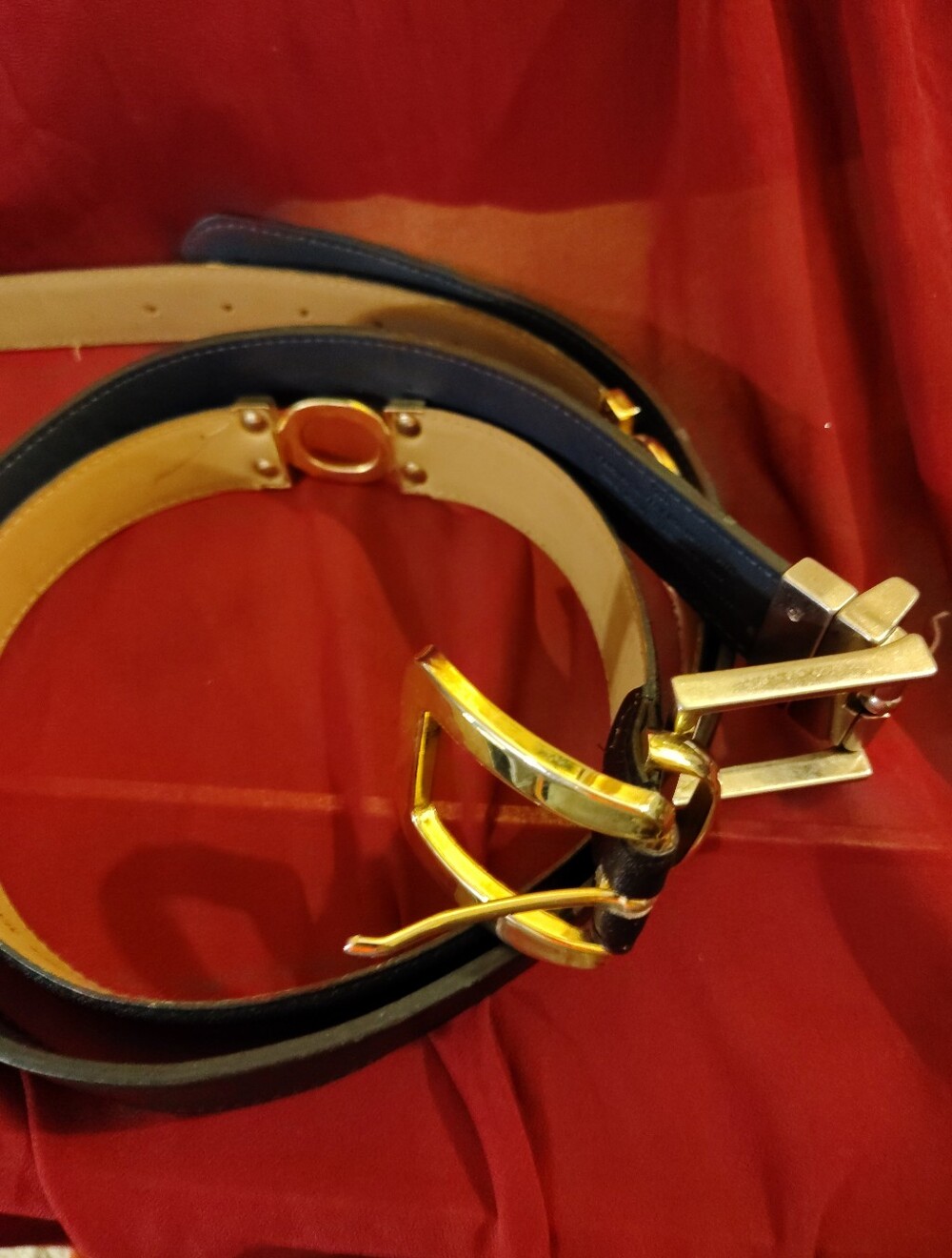 Set of 2 Genuine Leather Belts Black w/Gold 36" & Navy w/ Silver 35" Size M/L